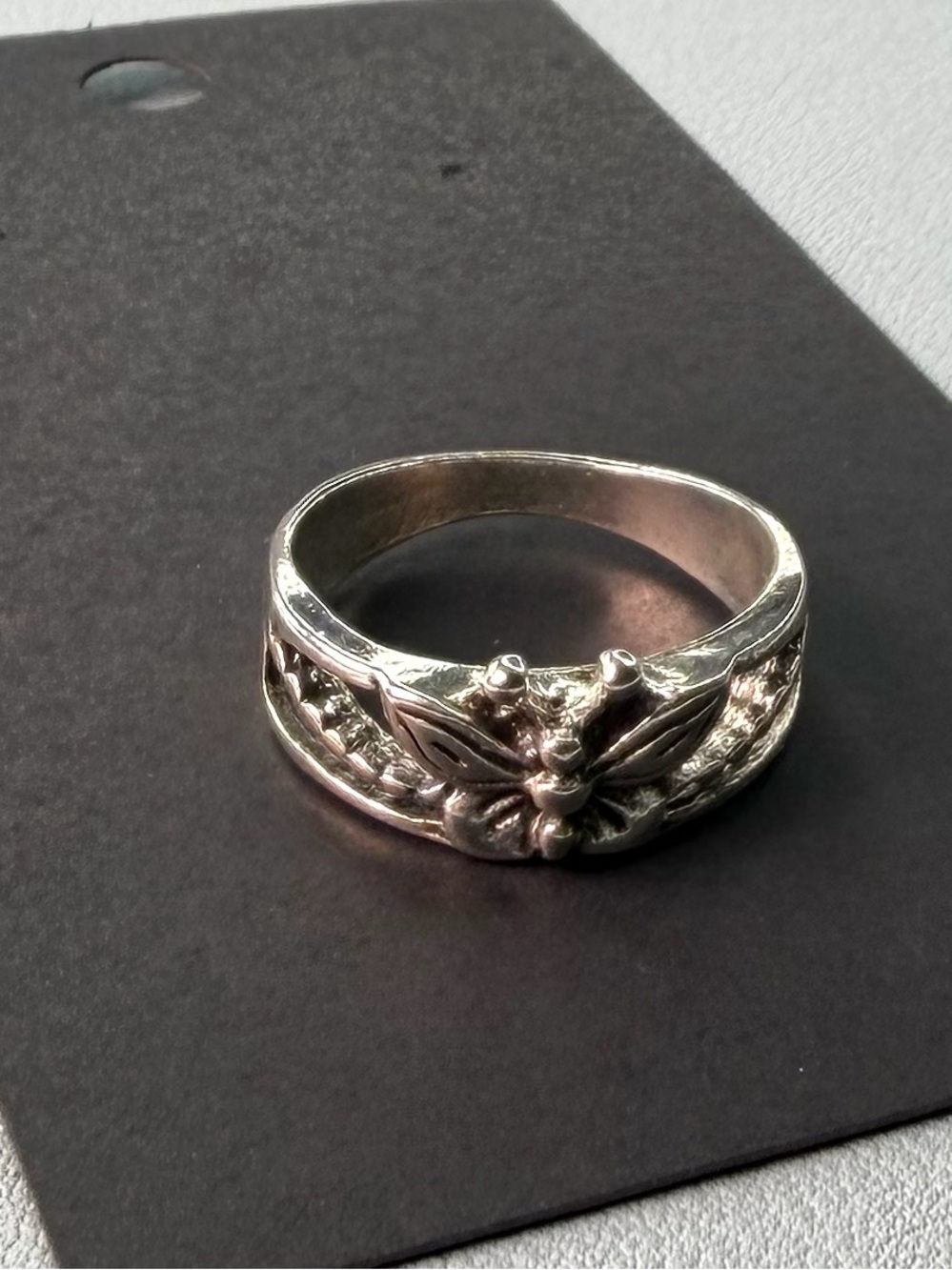 Sterling Floral Butterfly Band Ring - Silver Tone